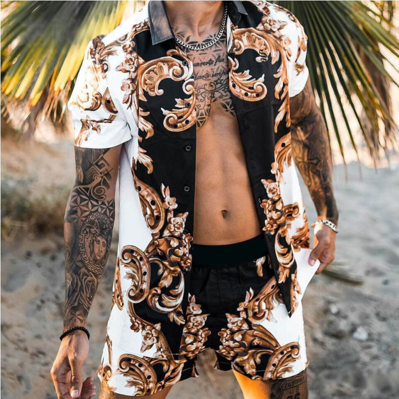 jiaabc New Fashion Hawaiian Shirt Set Mens Printing Set Short Sleeve Summer Casual Floral Shirt Beach Two Piece Men Sets S-3XL