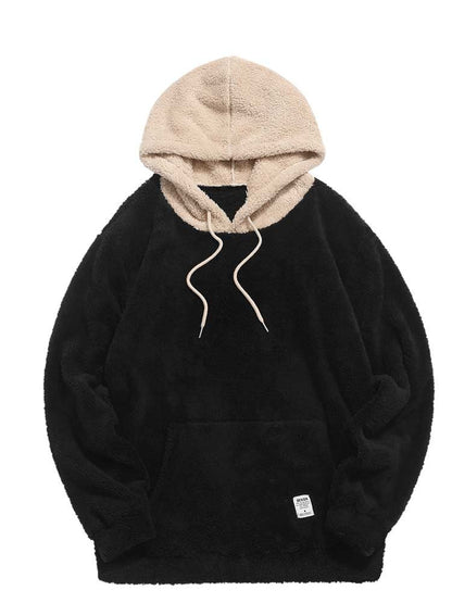 jiaabc Hooded Hoodie for Men Faux Fur Fluffy Sweatshirts Colorblock Streetwear Pullover Fall Winter Jumper with Kangaroo Pocket