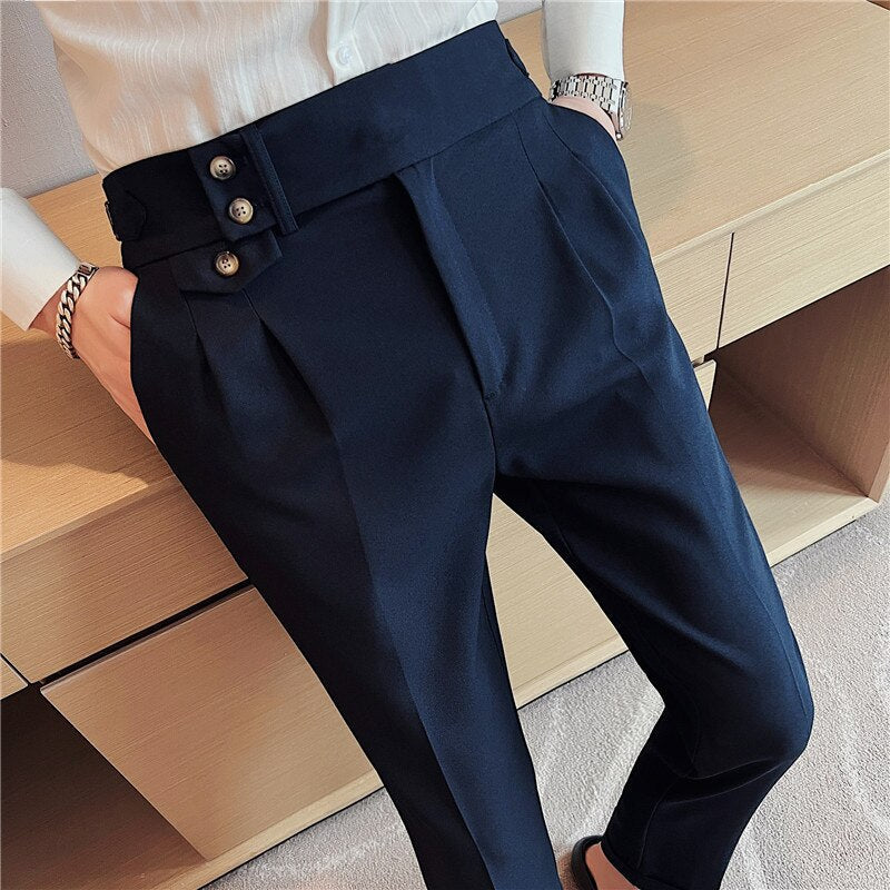 jiaabc British Style Spring New Solid Business Casual Suit Pants High Waist Button Men Formal Pants High Quality Slim Office Trousers