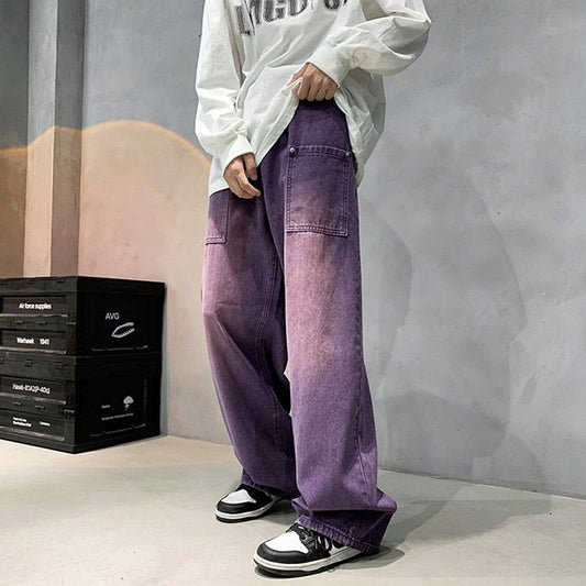 jiaabc Purple Wide Jeans for Men Ins Fashion Hip Hop Denim Trousers Vintage Casual Pants Streetwear Oversized Bottoms Male Y2K Clothes