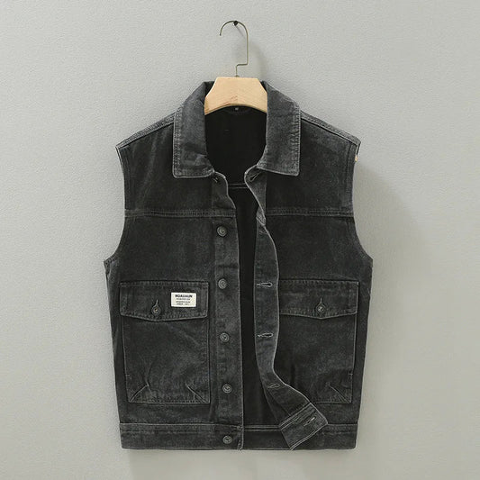 jiaabc Japanese Retro Denim Vest for Men High Street Male Vests Spring Fall Sleeveless Jacket With Double Pockets Fashion New Waistcoat