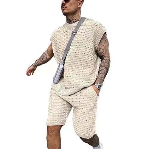 jiaabc Spring Autumn Men Two Piece Sets Sleeveless O-Neck Vest Shorts Slim Fit Suits For Mens Breathable Clothing Casual Solid Outfits