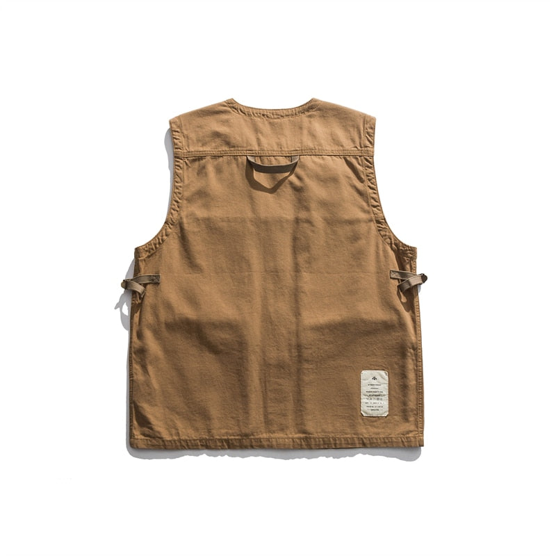 new Japanese high street tooling multi-pocket vest American functional retro loose casual vest khaki gray