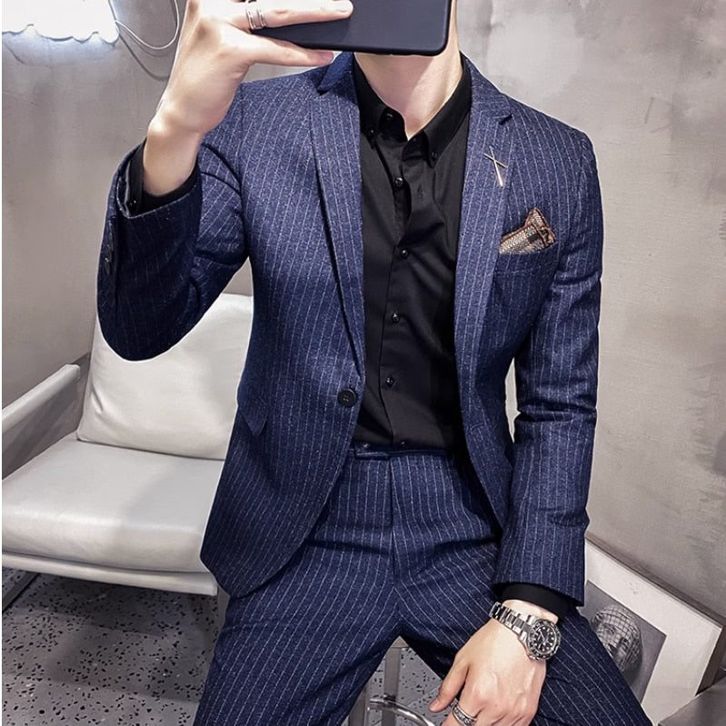 jiaabc (Jacket+Pants) Fashion Men's Pure Color Leisure Suits Gray Blue Black Slim Fit Men Business Banquet Suit Set Plus Size 3XL 4XL