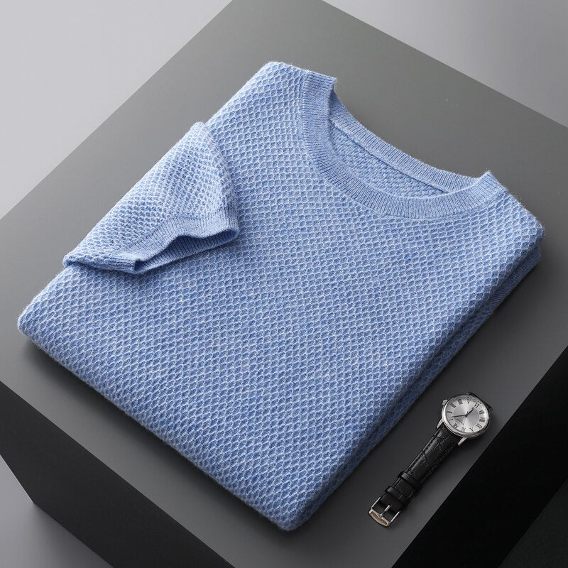 100% Pure Wool T-Shirt Men's Round Neck Pullover Short Sleeve Autumn Winter New Honeycomb Stitch Vest Casual Sweater