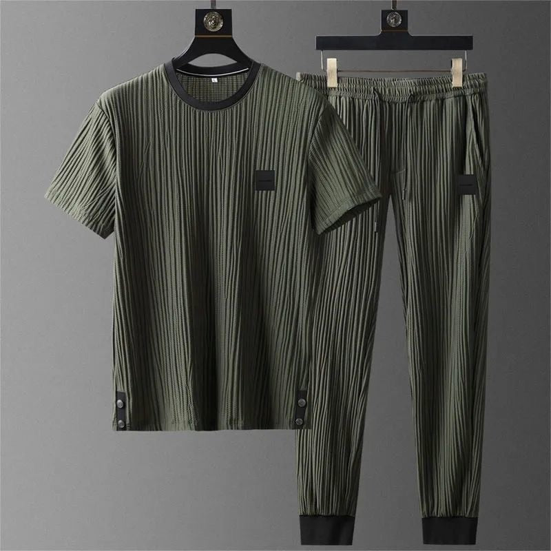 jiaabc New Summer Ice Silk Casual Sports Suit Men's Pleated Thin t shirt + Pants Two Piece Set Men's High Quality Breathable Tracksuit