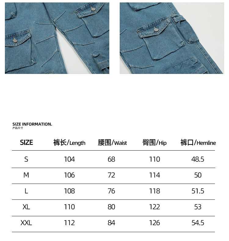 jiaabc Y2K Style Multi-pocket Tooling Jeans Men's American Retro Street Harajuku Trousers Washed Mopping Pants Youth Clothing