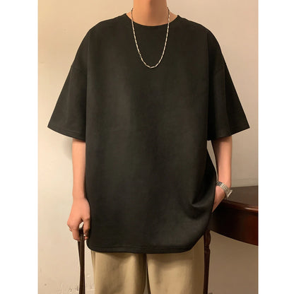 Suede T-shirt Men Oversized Fashion Solid Color Retro T Shirt Men Streetwear Summer Loose Short Sleeved T-shirt Mens Top M-3XL