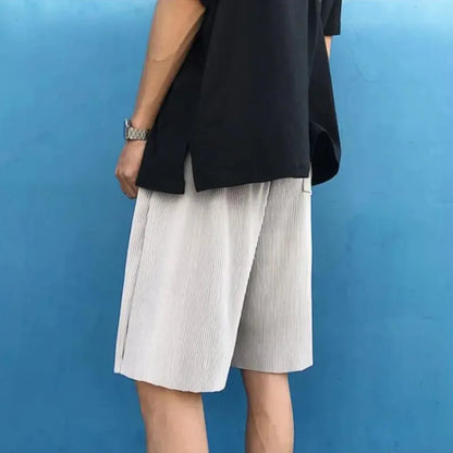 Summer Ice Silk Shorts Men Fashion Gray Pleated Shorts Men Japanese Streetwear Loose Beach Shorts Mens Oversized Casual Shorts