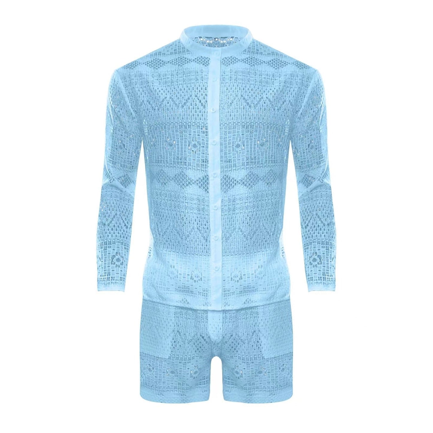 jiaabc New Summer Men Two Piece Suits Sexy See Through Lace Outfits Beach Fashion Plain Pattern Print Long Sleeved Tops And Shorts Set