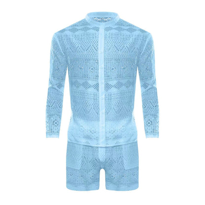 jiaabc New Summer Men Two Piece Suits Sexy See Through Lace Outfits Beach Fashion Plain Pattern Print Long Sleeved Tops And Shorts Set