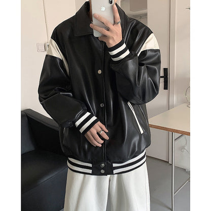 jiaabc  Men's Retro Lapel Collar Motorcycle Pu Leather Baseball Streetwear Jacket Fashion Trend Loose outerwear Black Color Coats