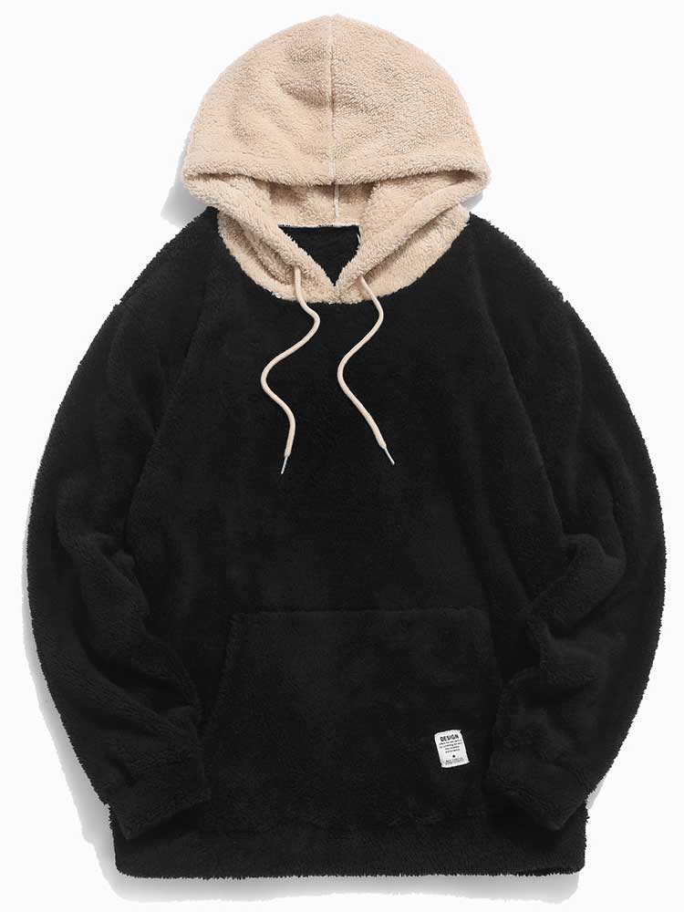 jiaabc Hooded Hoodie for Men Faux Fur Fluffy Sweatshirts Colorblock Streetwear Pullover Fall Winter Jumper with Kangaroo Pocket