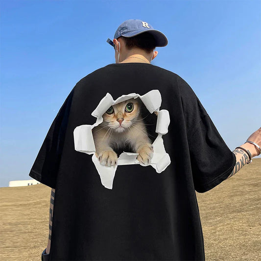 2024 Summer New Funny Cat Printed T-shirt Men Women Plus Size Boyfriend Style Tops Tees Short Sleeve Cotton Oversized 5XL