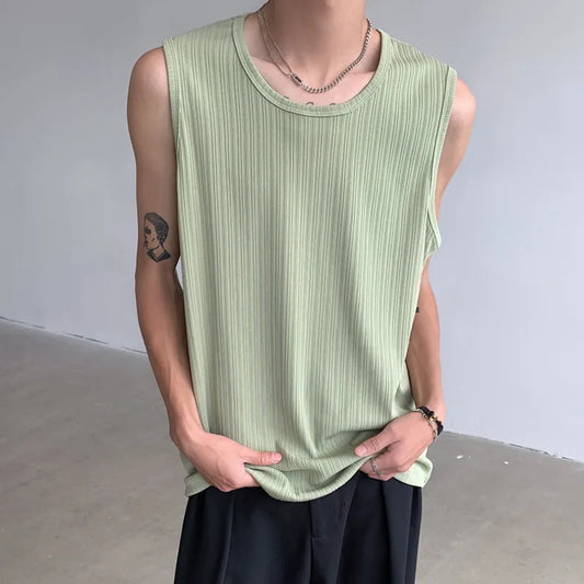 Summer Pleated Vest Men Fashion Casual Ice Silk T Shirt Men Streetwear Hip-hop Loose Sleeveless T Shirt Mens Vest Top M-XL