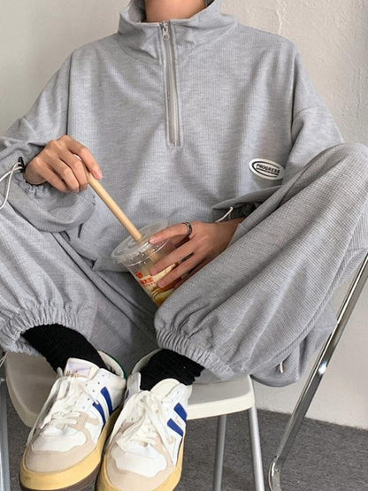 jiaabc jiaabc Sports Suit Men's Autumn Oversize Waffle Zip-up Sweatshirt + Solid Long Pants Two-piece Set Casual Handsome Boys Wear