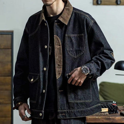 jiaabc Vintage Denim Jackets Men Retro Cargo Jacket Coats Outerwear Coat for Men Distressed Streetwear Japanese Patchwork