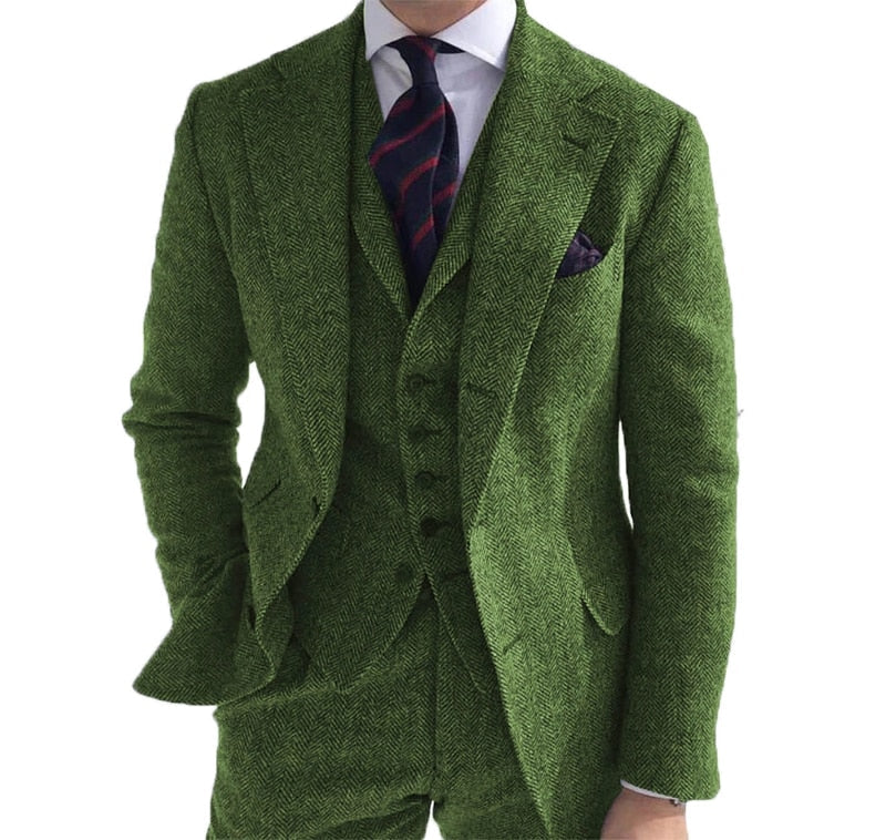 Men‘s Suits 3 Pieces Green Wool Tweed Herringbone Business Retro Classic PatternTuxedos for Wedding Blazer Pants Vest