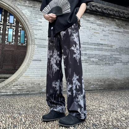 Spring Summer Ice Silk Printed Straight Pants Plus Size 5XL-M Men's Streetwear Thin Casual Pants Men Comfortable Wide Leg Pants