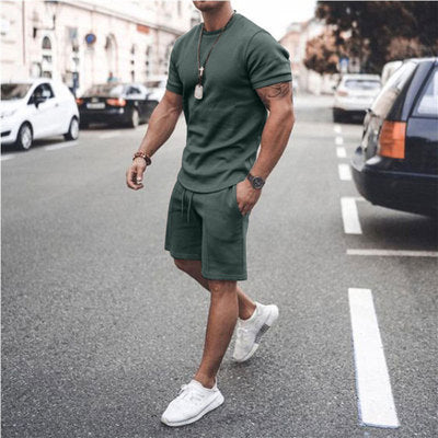 jiaabc Men's Sports Suit Summer Breathable T-shirt 2 piece Set Men Solid Color Fitness Gyms Running Sportswear Male Tracksuit 2023 New