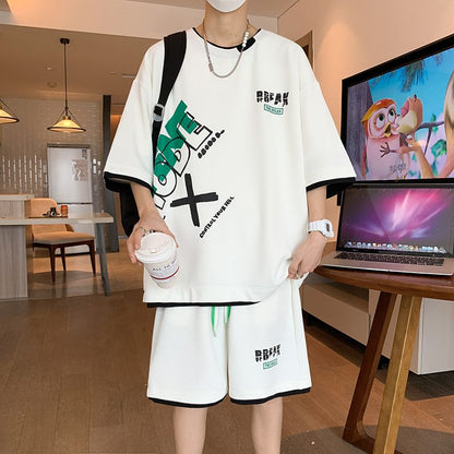 jiaabc Hip Hop Summer Set 2023 Cool Boys' Letter Print Short Sleeve T-shirt Spliced Shorts Set High Street Vitality Casual Streetwear