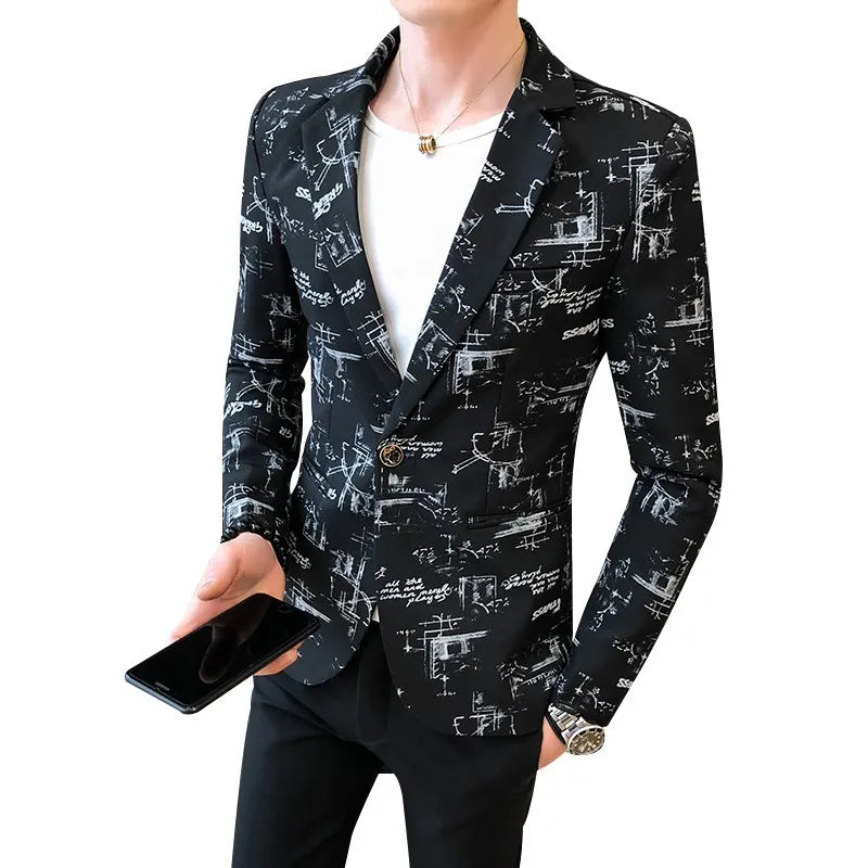 jiaabc Men Blazer Spring Fashion High-quality Men Korean Version of The Printed Slim Formal Wedding Party Prom Suit Jacket