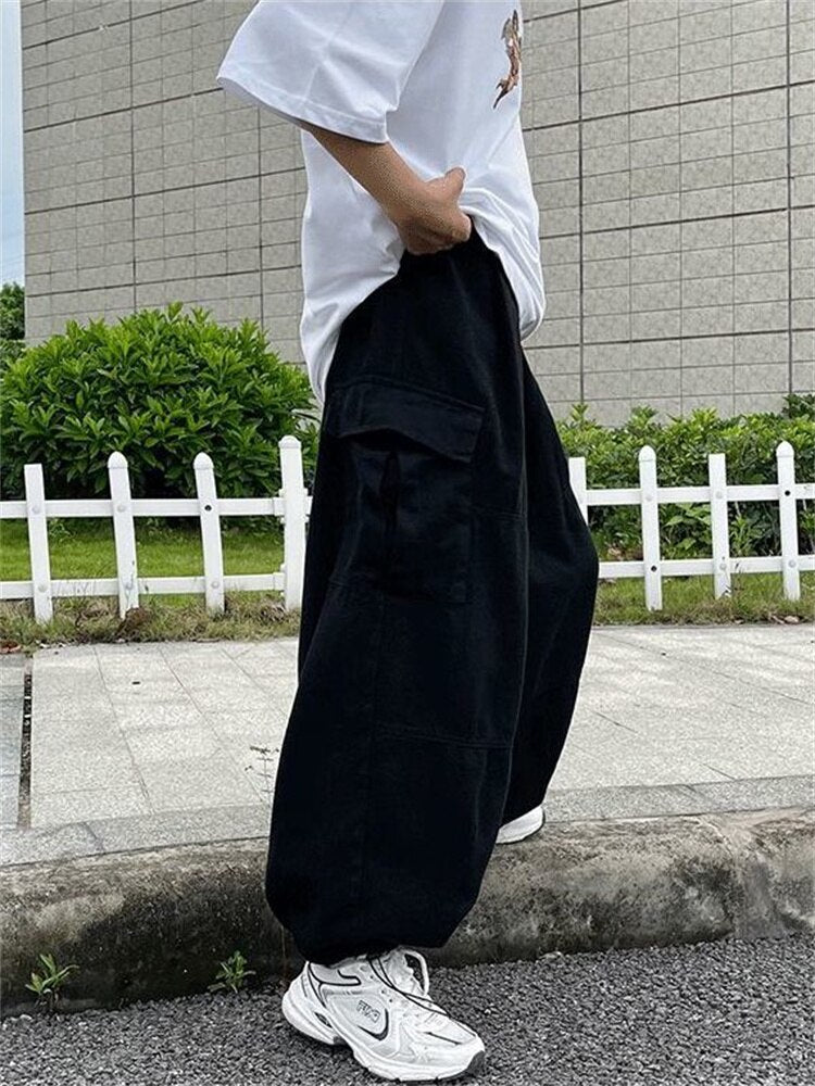 jiaabc Harajuku Vintage Wide leg jeans Pants Men Casual Joggers Harem Pants White Cargo Pants Skateboard Trousers Streetwear