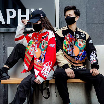 jiaabc Cartoon Embroidery Bomber Jacket Harajuku Hip Hop Tide Baseball Uniform Autumn Winter Coat Warmth Men's Women's Motorcycle Suit