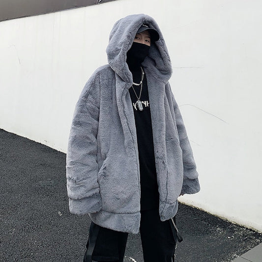 jiaabc Faux Rabbit Fur Jacket for Mens Fashion Trends Fleece Clothes Teen Harajuku Style Hip Hop Hooded Coats Oversized Streetwear