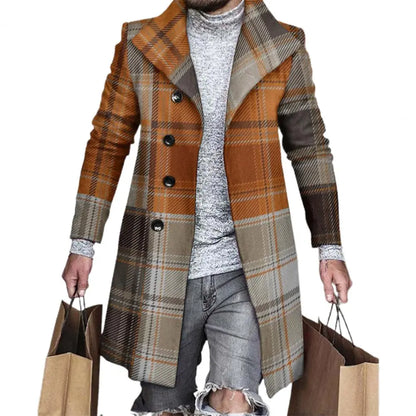 jiaabc Autumn Winter Men's Single Breasted Woolen Overcoat Plaid Print Male Long Thicken Windbreaker Fashion Causal Coat Outerwear Men