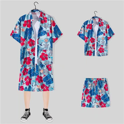 jiaabc 2 Piece Sets Men Beach Fashion M-3XL Baggy Handsome Print Shirts Shorts Hawaiian Holiday Unisex Thin Summer Vintage Clothing Ins