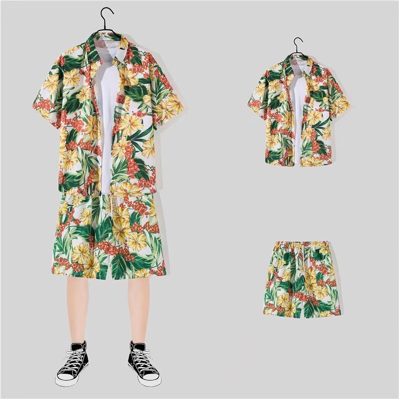 jiaabc 2 Piece Sets Men Beach Fashion M-3XL Baggy Handsome Print Shirts Shorts Hawaiian Holiday Unisex Thin Summer Vintage Clothing Ins