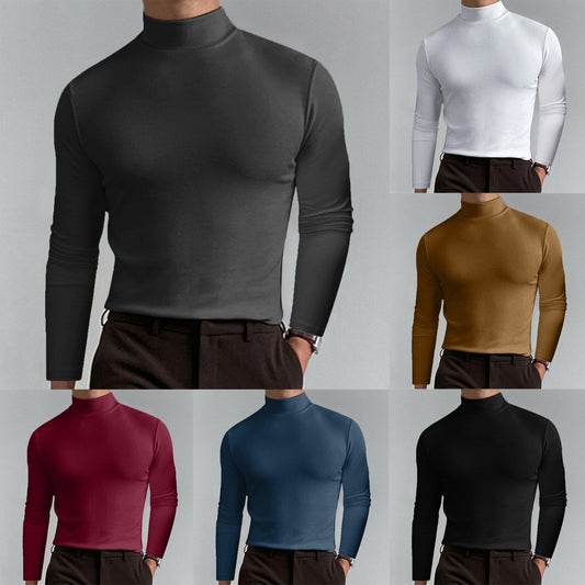 jiaabc Turtleneck For Men Solid Colour Slim Elastic Thin Pullover Men Spring Autumn Turtleneck Men Knitting Basic Long Sleeve T-shirt