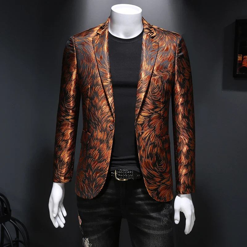 jiaabc Luxury Men Jacquard Slim Fit Blazer Stage Performance Metal Gold Yarn Casual Suit Jacket Formal Stage Costumes