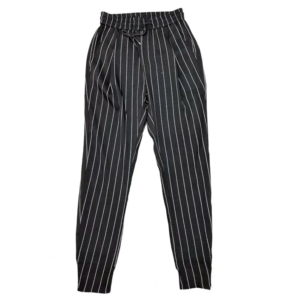 jiaabc Men Harem Pants Striped Drawstring Elastic Waist Slim Fit Streetwear Spring Autumn Stretch Ankle Tied Pencil Pants for Daily