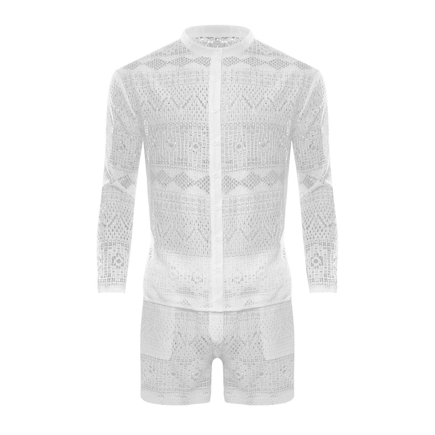 jiaabc New Summer Men Two Piece Suits Sexy See Through Lace Outfits Beach Fashion Plain Pattern Print Long Sleeved Tops And Shorts Set