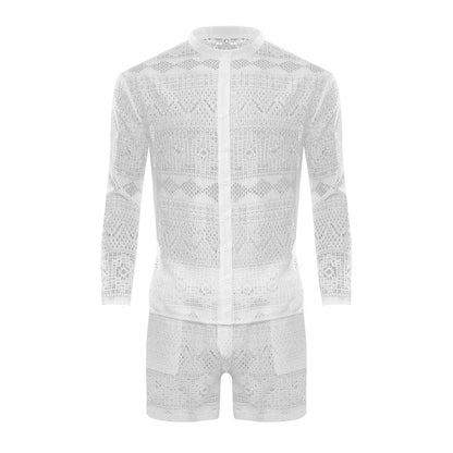 jiaabc New Summer Men Two Piece Suits Sexy See Through Lace Outfits Beach Fashion Plain Pattern Print Long Sleeved Tops And Shorts Set