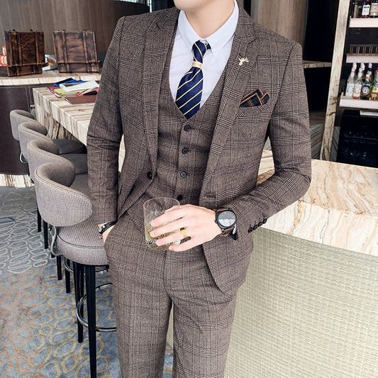 jiaabc S-7XL (Jacket+Vest+Pants) Fashion Boutique Lattice Formal Business Mens Suit 3pcs Set Groom Wedding Dress Plaid Suit Show Stage