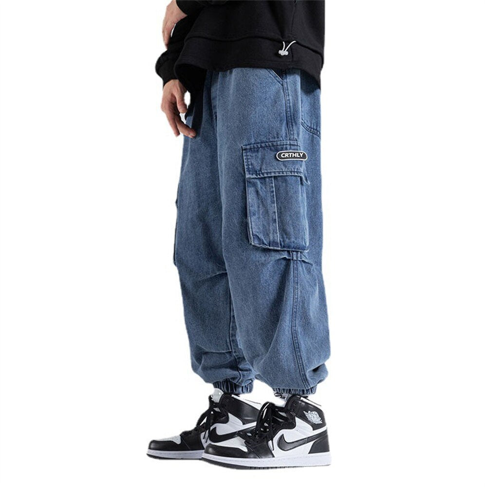 jiaabc Mens Jeans Harem Pants Fashion Pockets Desinger Loose fit Baggy Moto Jeans Men Stretch Retro Streetwear Relaxed Men Jeans