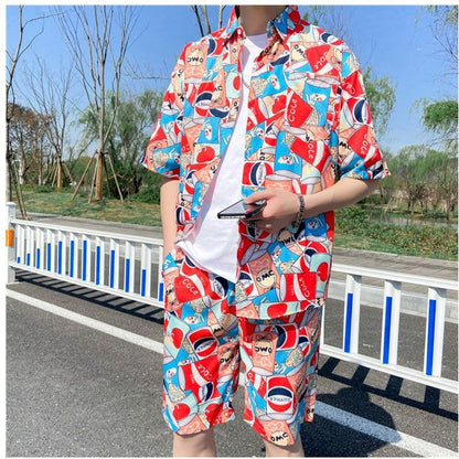 jiaabc Men's 2 Pieces Set Hawaiian Shirts + Beach Shorts Mens Casual Streetwear Summer 12 Floral Print Loose Short Sleeve Holiday Suits