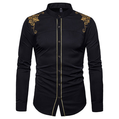 jiaabc Men Spring Autumn Shirt Social Henley Dress Shirt Fashion Long Sleeve Formal Embroidery Tops Clothing Casual camisa masculina