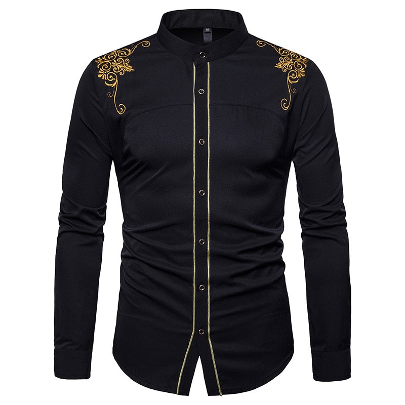 jiaabc Men Spring Autumn Shirt Social Henley Dress Shirt Fashion Long Sleeve Formal Embroidery Tops Clothing Casual camisa masculina