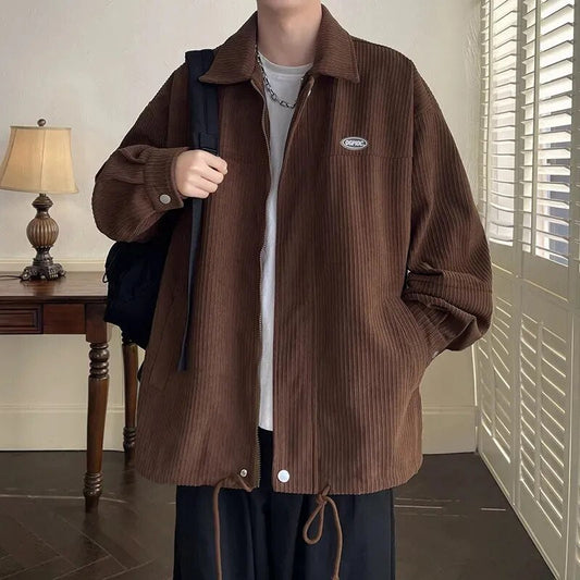 jiaabc Spring Fashion Men's Casual T-Shirt Loose Soft Versatile Tops Zipper Corduroy Jacket Coat Cool Boys Solid Printi Drawstring