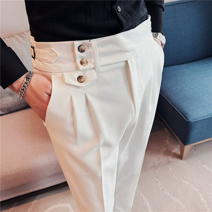 jiaabc British Style Spring New Solid Business Casual Suit Pants High Waist Button Men Formal Pants High Quality Slim Office Trousers