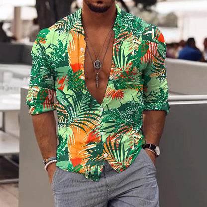 jiaabc Spring Autumn Men Hawaiian Shirts Turn-down Collar Buttoned Tops Men's Casual Tropical Printed Long Sleeve Shirt Streetwear