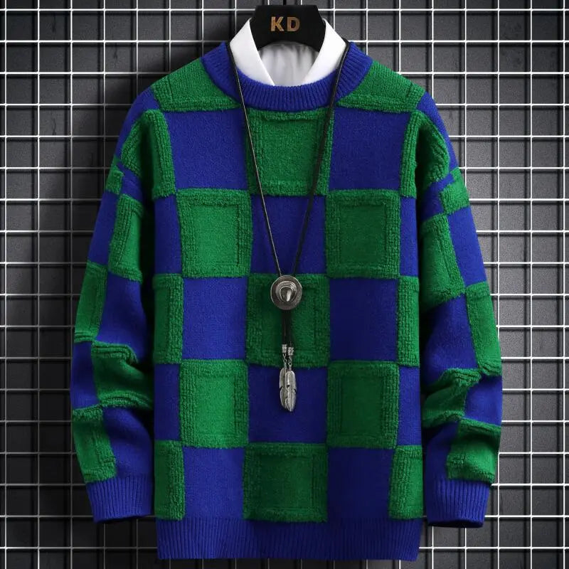 jiaabc New Fall Winter Korean Style Mens Pullovers Sweaters High Quality Thick Warm Cashmere Sweater Men Luxury Plaid Pull Homme