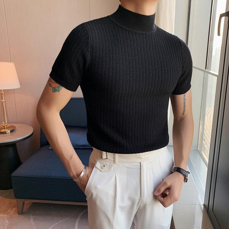 jiaabc Fall Winter New Short Sleeve Knitted Sweater Men Clothing Half High Neck Slim Fit Sweater T-shirt Casual Stretch Homme Pullover