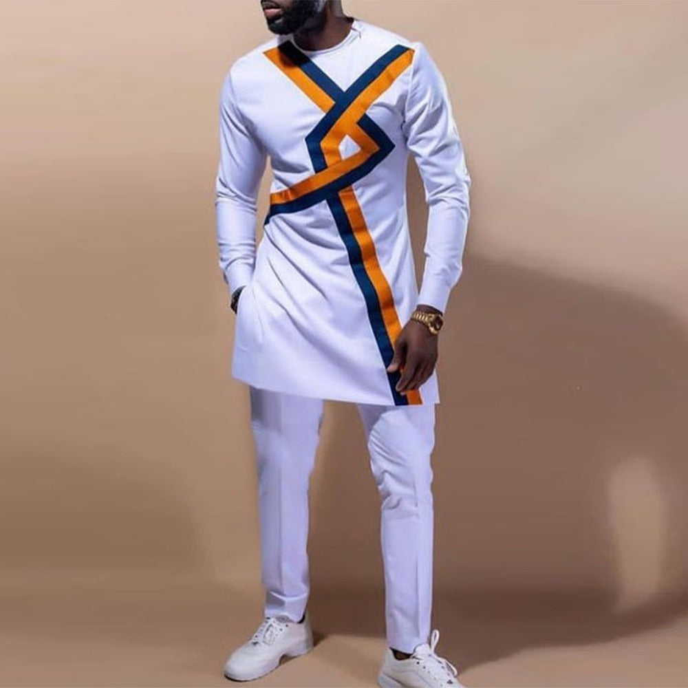 jiaabc New Set Men Dashiki Various White Suit Male Fashion Casual 2 Pieces Outfit Long Sleeve Shirt Trouser African Men Clothes Set