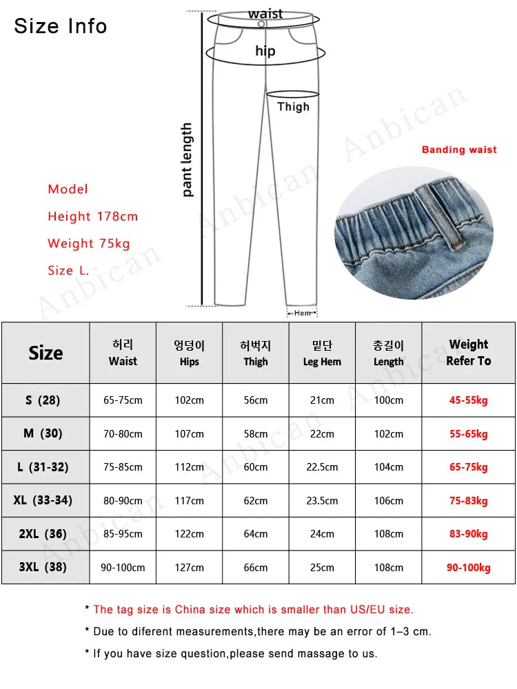 jiaabc Spring Autumn Men's Jeans Straight Denim Pants Banding Waist Cotton Streetwear Wide Leg Loose Casual Blue Long Jeans Trousers