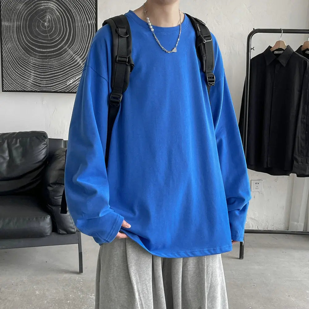 jiaabc FALL OUTFITS MEN Long Sleeve Casual Solid Color Cotton T Shirt For Men Spring Autumn O-neck Oversized Men's T-shirt